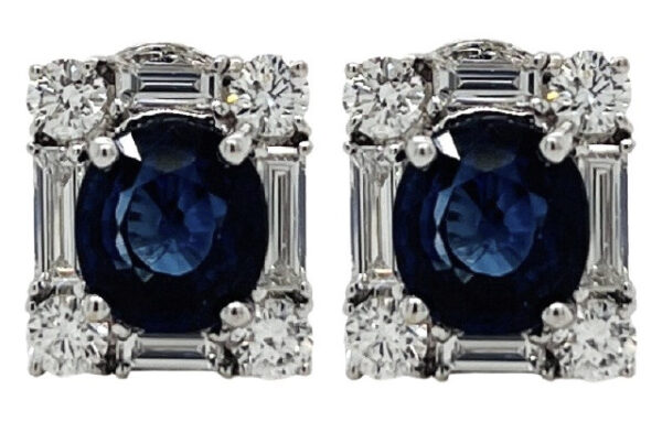 18KT WHITE GOLD OVAL SAPPHIRE, ROUND AND BAGUETTE DIAMOND EARRINGS