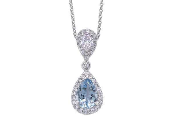 18KT WHITE GOLD PS AQUA AND DIAMOND HALO PENDANT WITH CHAIN