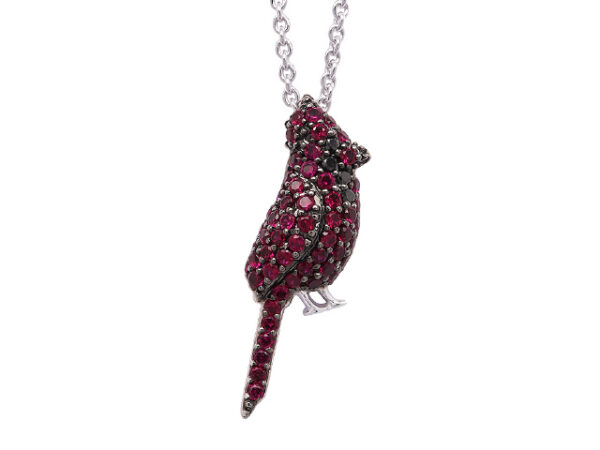 18KT WHITE GOLD RUBY AND BLACK DIAMOND CARDINAL PENDANT WITH CHAIN