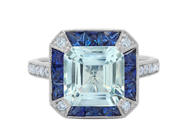 18KT WHITE GOLD AQUA, SAPPHIRE AND DIAMOND RING.