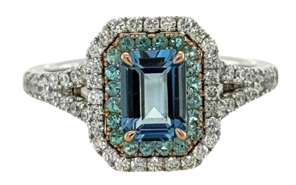 18KT WHITE/ROSE GOLD AQUA, PARIBA TOURMALINE AND DIAMOND RING.