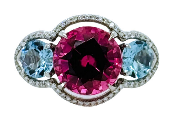 PLATINUM 3 STONE AQUA AND TOURMALINE HALO RING